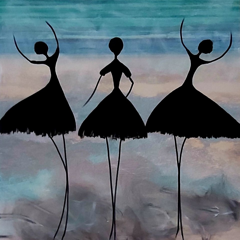 שלוש רקדניות על רקע טורקיז