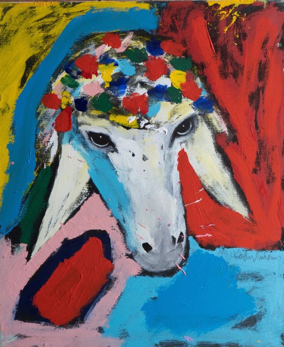 ראש כבשה באלכסון על כתמים צבעוניים