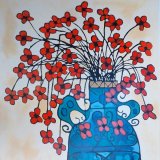 אגרטל כחול עם פרחים אדומים