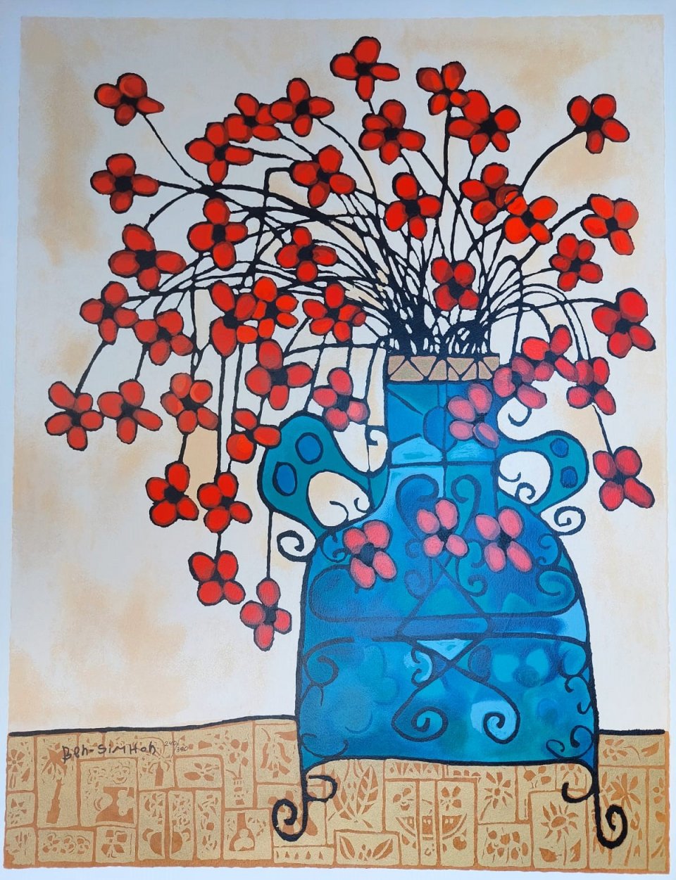 אגרטל כחול עם פרחים אדומים