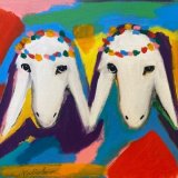 זוג כבשים עם נזר על רקע צבעוני